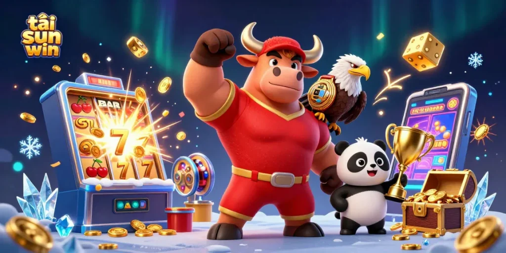 Win big with tải sun win illustrated by a jubilant bull mascot surrounded by casino elements.